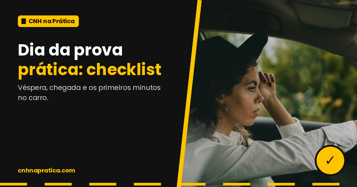 Dia da prova prática: motorista concentrada ao volante, com a mão no retrovisor.
